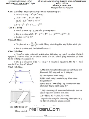 Đề thi học sinh giỏi Toán 6 tháng 11 năm 2023 phòng GD&ĐT Đông Hưng - Thái Bình