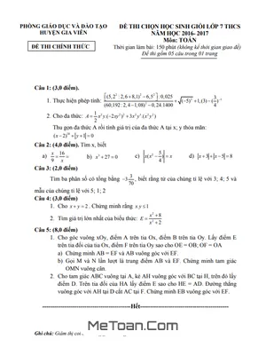 Đề thi học sinh giỏi Toán 7 năm 2016 - 2017 phòng GD&ĐT Gia Viễn, Ninh Bình