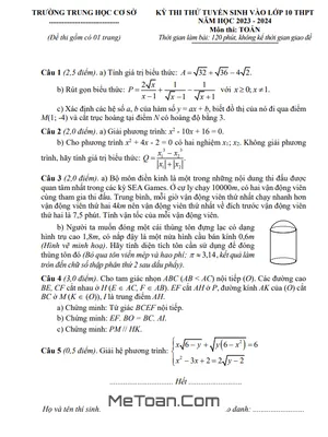 Đề thi thử Toán vào lớp 10 năm 2023 - 2024 trường THCS Phúc Thọ - Nghệ An