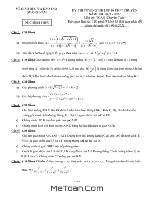 Đề Thi Vào Lớp 10 Chuyên Toán Sở GD&ĐT Quảng Nam Năm 2021 - 2022 Có Lời Giải