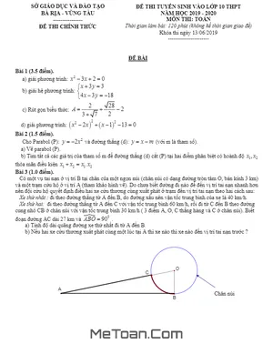 Đề thi và đáp án môn Toán tuyển sinh lớp 10 Bà Rịa - Vũng Tàu năm 2019 - 2020