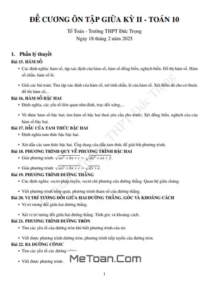 Đề Cương Ôn Tập Giữa Kỳ 2 Môn Toán 10 Năm 2024 - 2025 Trường THPT Đức Trọng - Lâm Đồng