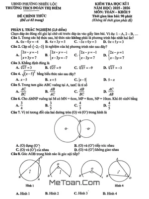 Đề thi học kì 1 Toán 9 năm 2025 – 2026 trường THCS Đoàn Thị Điểm – TP. HCM