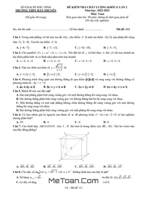 Đề kiểm tra Toán 11 lần 2 năm 2022 - 2023 trường THPT Hàn Thuyên – Bắc Ninh (có đáp án)