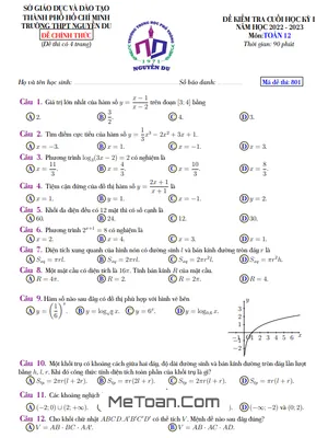 Đề thi học kỳ 1 Toán 12 năm 2022 - 2023 trường THPT Nguyễn Du - TP HCM