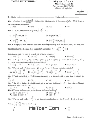 Đề thi chất lượng giữa kỳ 1 Toán 11 năm 2018 - 2019 trường THPT Lý Thái Tổ - Bắc Ninh