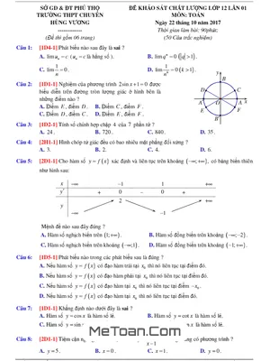 Đề KSCL Toán 12 lần 1 năm 2017-2018 trường THPT Chuyên Hùng Vương - Phú Thọ