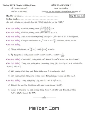 Đề thi học kì 2 môn Toán lớp 10 năm 2019 - 2020 trường THPT chuyên Lê Hồng Phong, TP.HCM