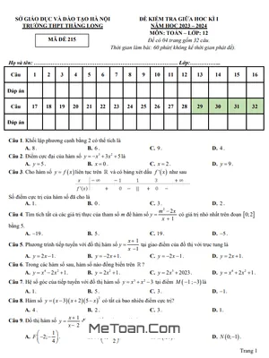 Đề thi giữa kì 1 Toán 12 năm 2023 - 2024 trường THPT Thăng Long - Hà Nội