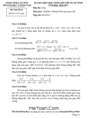 Đề thi học sinh giỏi Toán 10 cấp tỉnh năm 2016 - 2017 sở GD&ĐT Lai Châu