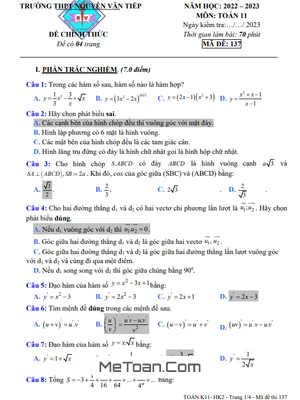 Đề thi học kì 2 Toán 11 năm 2022 - 2023 trường THPT Nguyễn Văn Tiếp - Tiền Giang