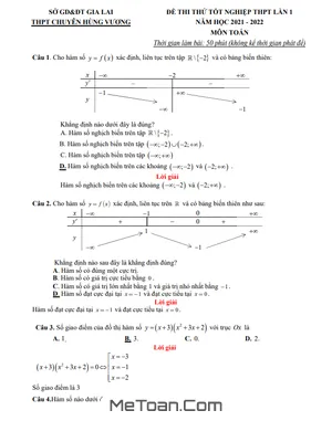 Bộ Đề Thi Thử Toán Tốt Nghiệp THPT 2022 Lần 1 Trường Chuyên Hùng Vương - Gia Lai (Có Đáp Án)