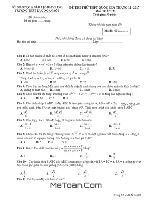 Đề thi thử môn Toán 2018 THPT Quốc gia trường THPT Lục Ngạn 1 - Bắc Giang