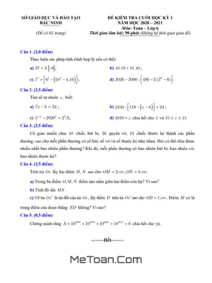 Đề thi học kì 1 Toán lớp 6 năm 2020 - 2021 Sở GD&ĐT Bắc Ninh