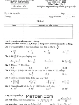 Đề thi HK1 Toán 7 năm học 2018 - 2019 phòng GD&ĐT Sơn Dương - Tuyên Quang