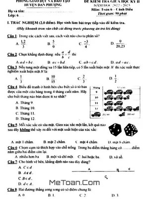 Đề Thi Giữa Kì 2 Môn Toán 6 Sách Cánh Diều Năm 2022 - 2023 Phòng GD&ĐT Đan Phượng - Hà Nội
