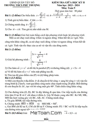 Đề Thi Giữa Kỳ 2 Môn Toán Lớp 9 Năm 2023-2024 Trường THCS Phú Thượng - Hà Nội