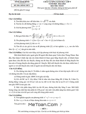 Đề đánh giá chất lượng Toán 9 năm 2023 – 2024 sở GD&ĐT Ninh Bình