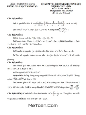 Đề thi HSG Toán 8 năm 2023 - 2024 phòng GD&ĐT Ninh Giang - Hải Dương (có đáp án)