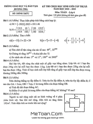 Đề thi học sinh giỏi Toán 6 năm 2022 - 2023 phòng GD&ĐT Hương Trà - TT Huế