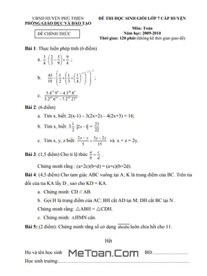 Đề thi học sinh giỏi Toán 7 huyện Phú Thiện - Gia Lai năm học 2009 - 2010