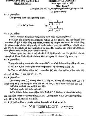 Đề Thi Cuối Kì 2 Toán 9 Năm 2022 - 2023 Phòng GD&ĐT Hà Đông - Hà Nội