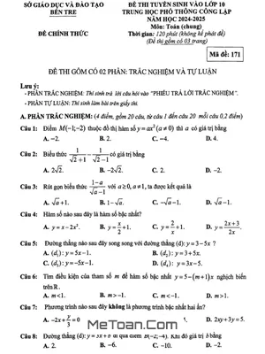Đề thi tuyển sinh lớp 10 môn Toán (chung) năm 2024 - 2025 Sở GD&ĐT Bến Tre