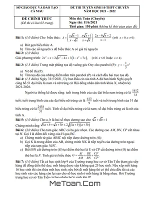 Đề thi vào 10 chuyên Toán Cà Mau năm 2021 - 2022