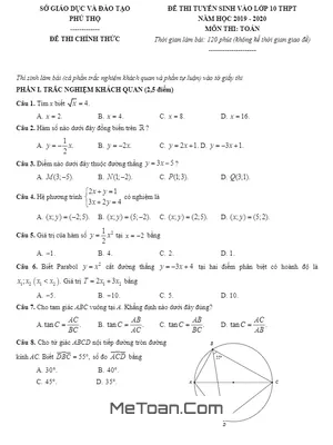Đề thi tuyển sinh lớp 10 THPT môn Toán năm 2019 - 2020 sở GD&ĐT Phú Thọ