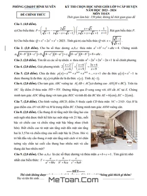 Đề thi Học Sinh Giỏi Toán 9 năm 2023 - 2024 Phòng GD&ĐT Bình Xuyên - Vĩnh Phúc