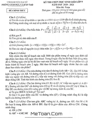 Đề thi học sinh giỏi Toán 9 năm 2020 - 2021 phòng GD&ĐT Đại Từ, Thái Nguyên