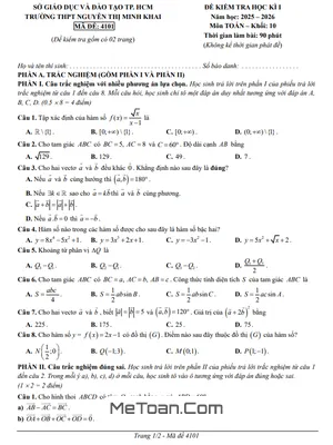 Đề Thi Học Kỳ 1 Toán 10 Năm 2025 - 2026 THPT Nguyễn Thị Minh Khai - TP.HCM