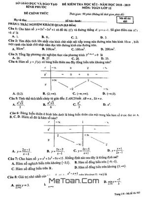 Đề thi học kỳ 1 Toán 12 năm học 2018 - 2019 sở GD&ĐT Bình Phước