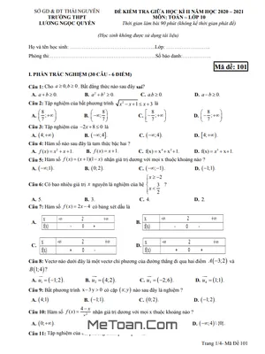 Đề thi giữa kỳ 2 Toán 10 năm 2020 - 2021 trường Lương Ngọc Quyến - Thái Nguyên