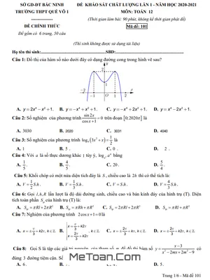Đề khảo sát chất lượng lần 1 Toán 12 năm 2020 - 2021 trường Quế Võ 1 - Bắc Ninh
