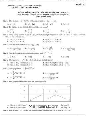 Đề Kiểm Tra Kiến Thức Toán 12 Năm Học 2016 - 2017 Trường THPT Chuyên KHTN - Hà Nội