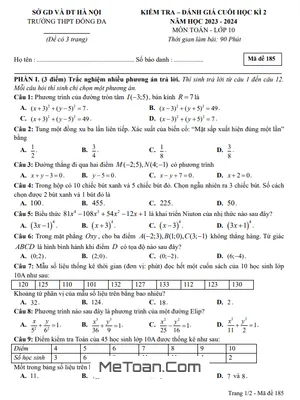 Đề Thi Học Kì 2 Môn Toán Lớp 10 Năm 2023 - 2024 Trường THPT Đống Đa - Hà Nội