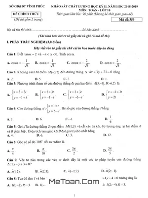 Đề KSCL học kỳ 2 Toán 10 năm học 2018 - 2019 sở GD&ĐT Vĩnh Phúc