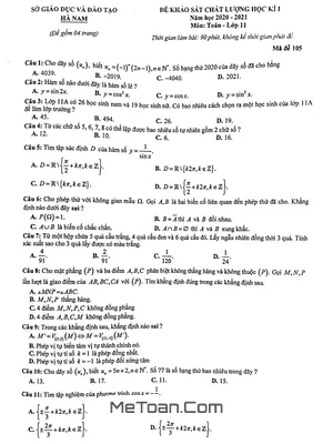Đề thi học kì 1 Toán 11 năm học 2020 - 2021 sở GD&ĐT Hà Nam