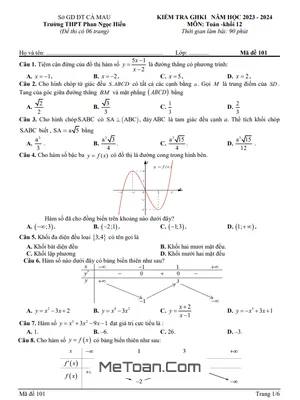 Đề thi giữa HK1 Toán 12 năm 2023 - 2024 trường THPT Phan Ngọc Hiển - Cà Mau