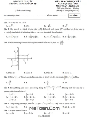 Đề thi cuối kỳ 2 Toán 12 năm 2022 - 2023 trường THPT Ngô Gia Tự - Đắk Lắk