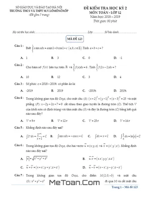 Đề Kiểm Tra Học Kỳ 2 Toán 12 Năm 2018 - 2019 Trường M.V Lômônôxốp - Hà Nội