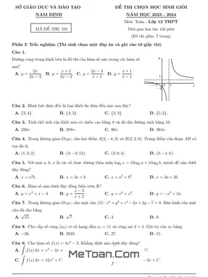 Đề thi chọn học sinh giỏi Toán 12 năm 2023 - 2024 sở GD&ĐT Nam Định