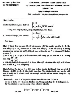 Đề chọn đội tuyển HSG Toán 12 năm học 2020 – 2021 sở GD&ĐT Quảng Bình