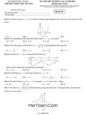 Đề Thi Thử THPT 2023 Môn Toán Lần 3 Trường THPT Việt Yên 1 - Bắc Giang