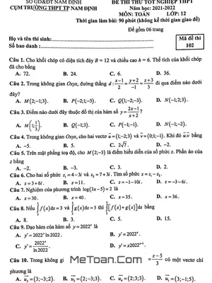 Đề thi thử tốt nghiệp THPT 2022 môn Toán cụm trường THPT TP Nam Định