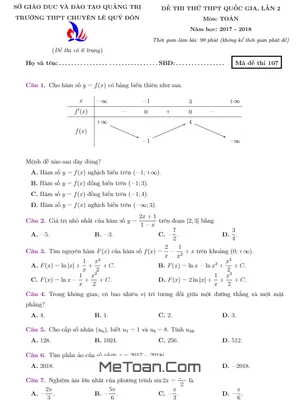 Đề Thi Thử Toán THPTQG 2018 Trường THPT Chuyên Lê Quý Đôn - Quảng Trị Lần 2