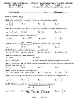 Đề thi giữa HK1 Toán 10 năm 2020 - 2021 trường THPT Lý Tự Trọng - Hà Tĩnh