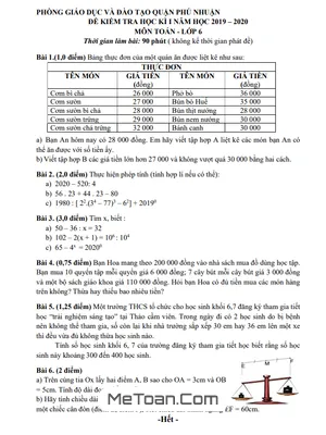 Đề thi học kỳ 1 Toán lớp 6 năm 2019 - 2020 phòng GD&ĐT Phú Nhuận - TP.HCM