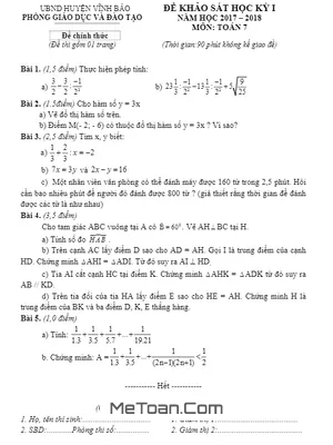 Đề khảo sát học kỳ 1 Toán 7 năm học 2017 - 2018 phòng GD&ĐT Vĩnh Bảo - Hải Phòng